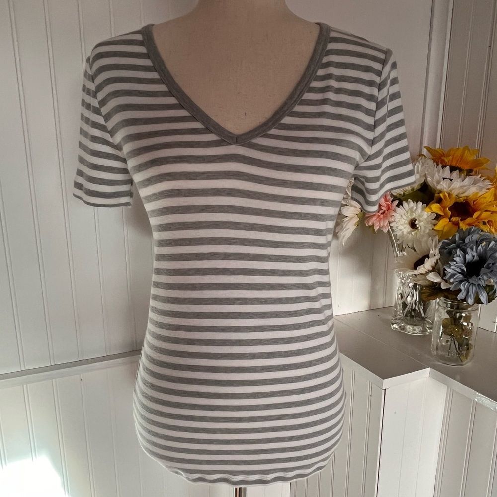 Grey Striped Short Sleeve V-Neck Tee